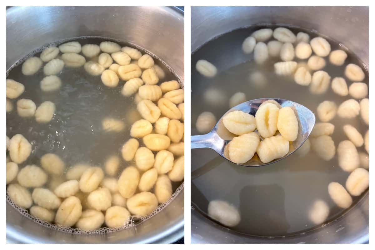 removing the cooked gnocchi from the pot
