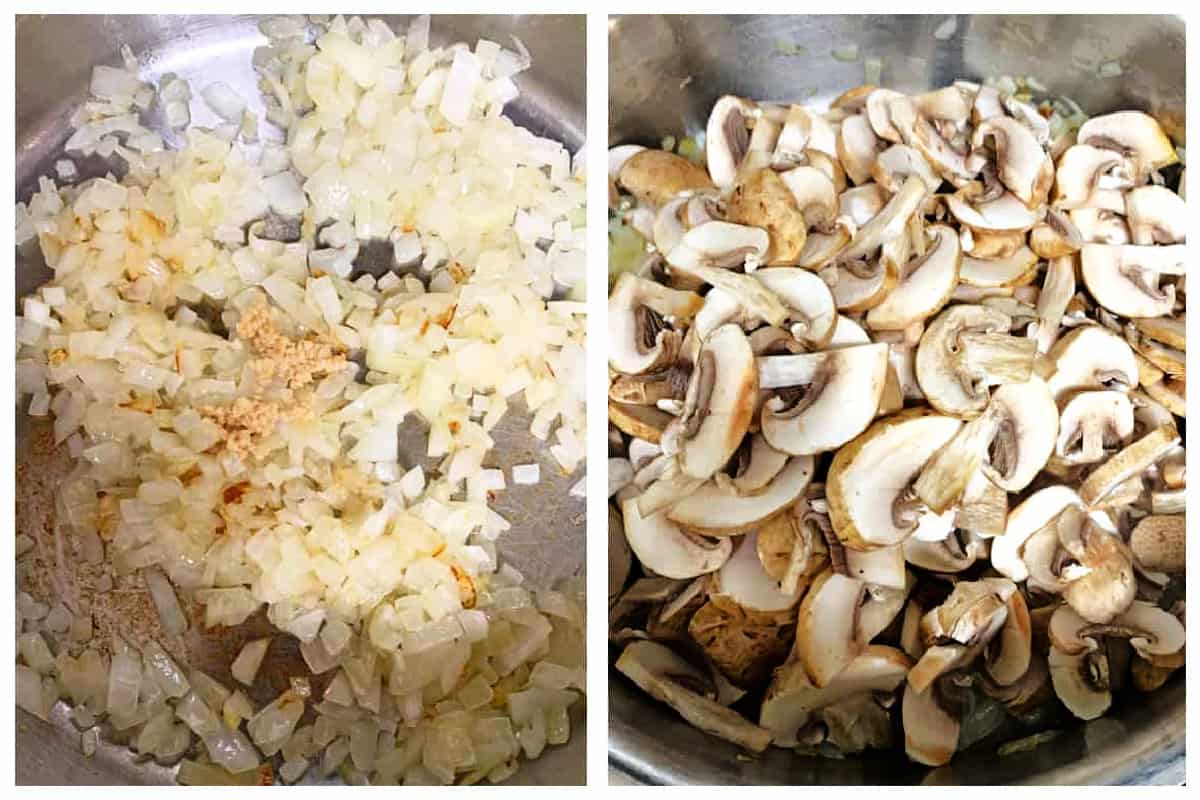 cooking onions and mushrooms in skillet