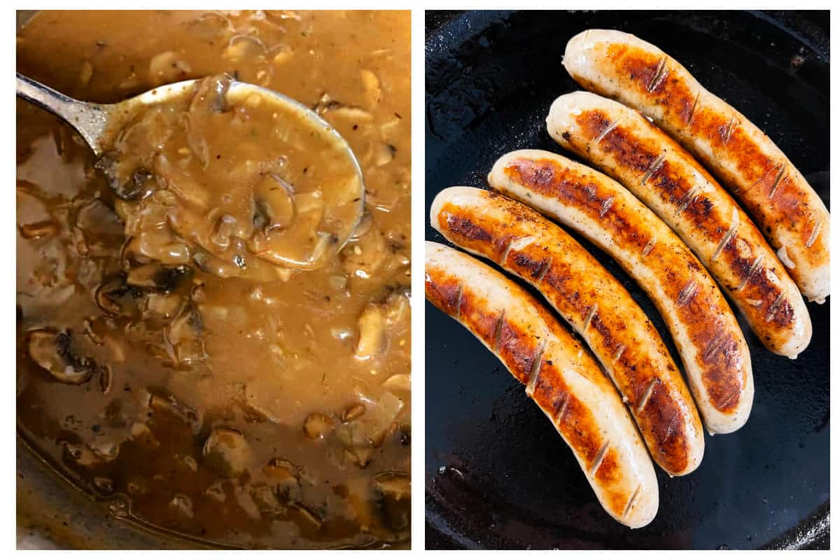 mushroom gravy and bratwursts