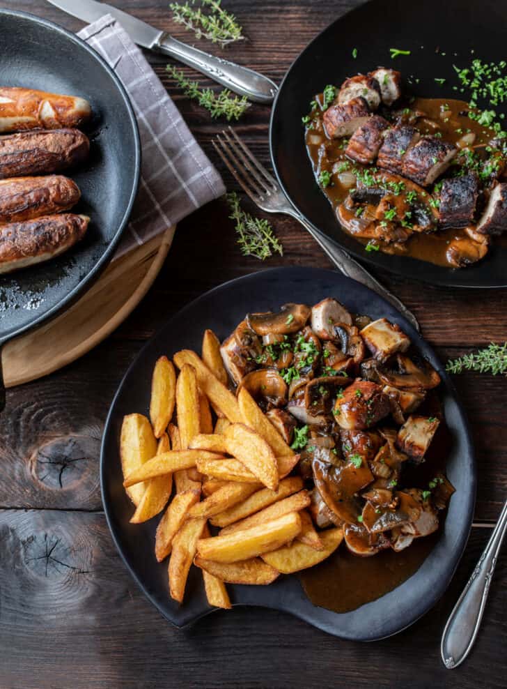 Bratwurst with Mushroom Gravy - The Daring Gourmet