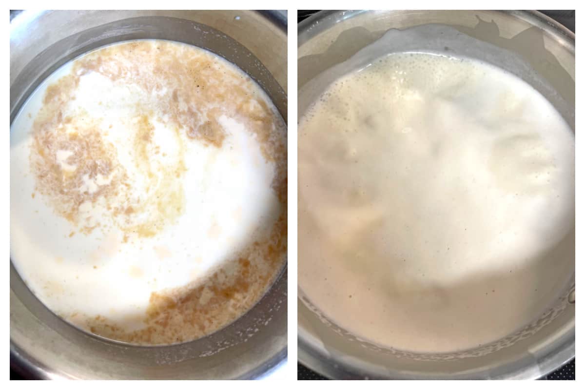 bringing milk cream and vanilla to a boil in saucepan