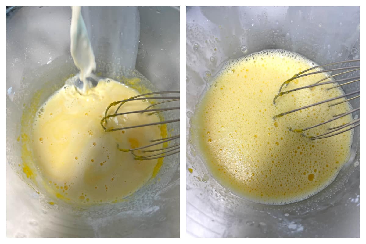 pouring hot milk into egg mixture