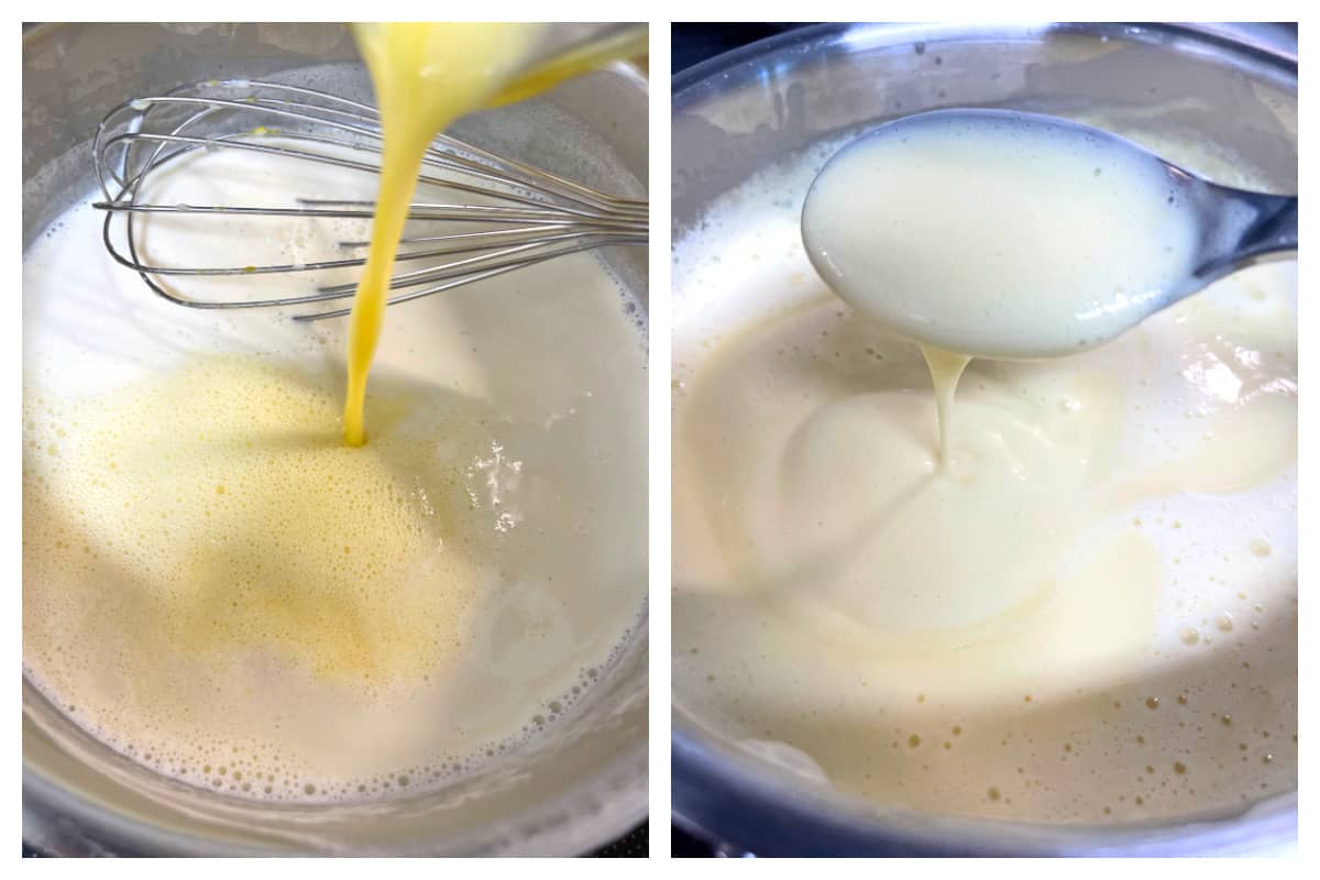 pouring egg mixture into hot milk