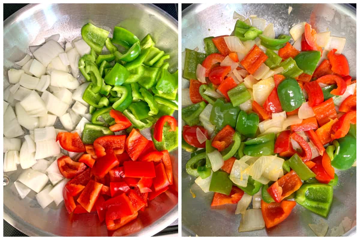 cooking the onions and bell peppers