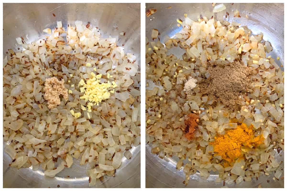 cooking spices and onions in pot