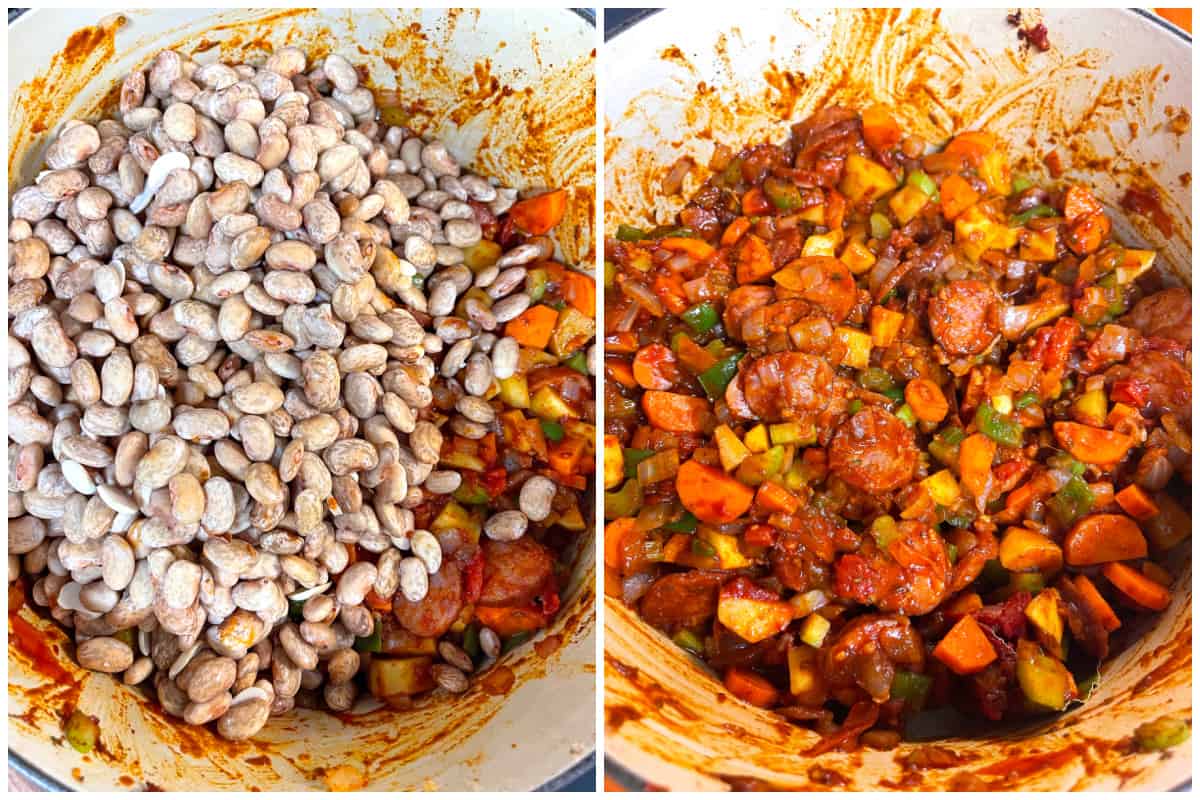 adding beans to the pot