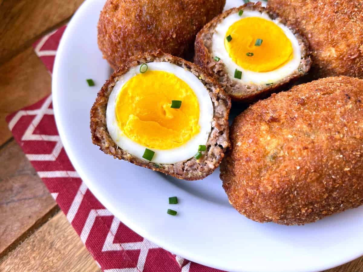 scotch eggs recipe traditional authentic british english sausage breadcrumbs breading fried mustard sauce