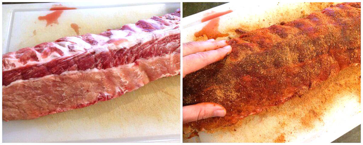 rubbing pork ribs down with dry rub