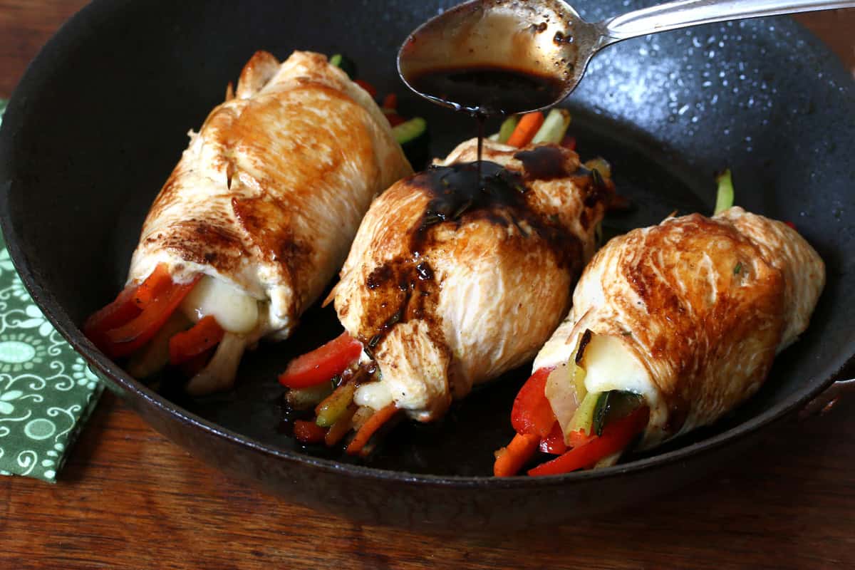 chicken roll ups recipe balsamic glaze reduction Swiss cheese vegetables bell peppers zucchini leek onions
