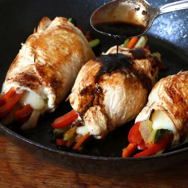 chicken roll ups recipe balsamic glaze reduction Swiss cheese Dijon mustard vegetables bell peppers zucchini leek onions