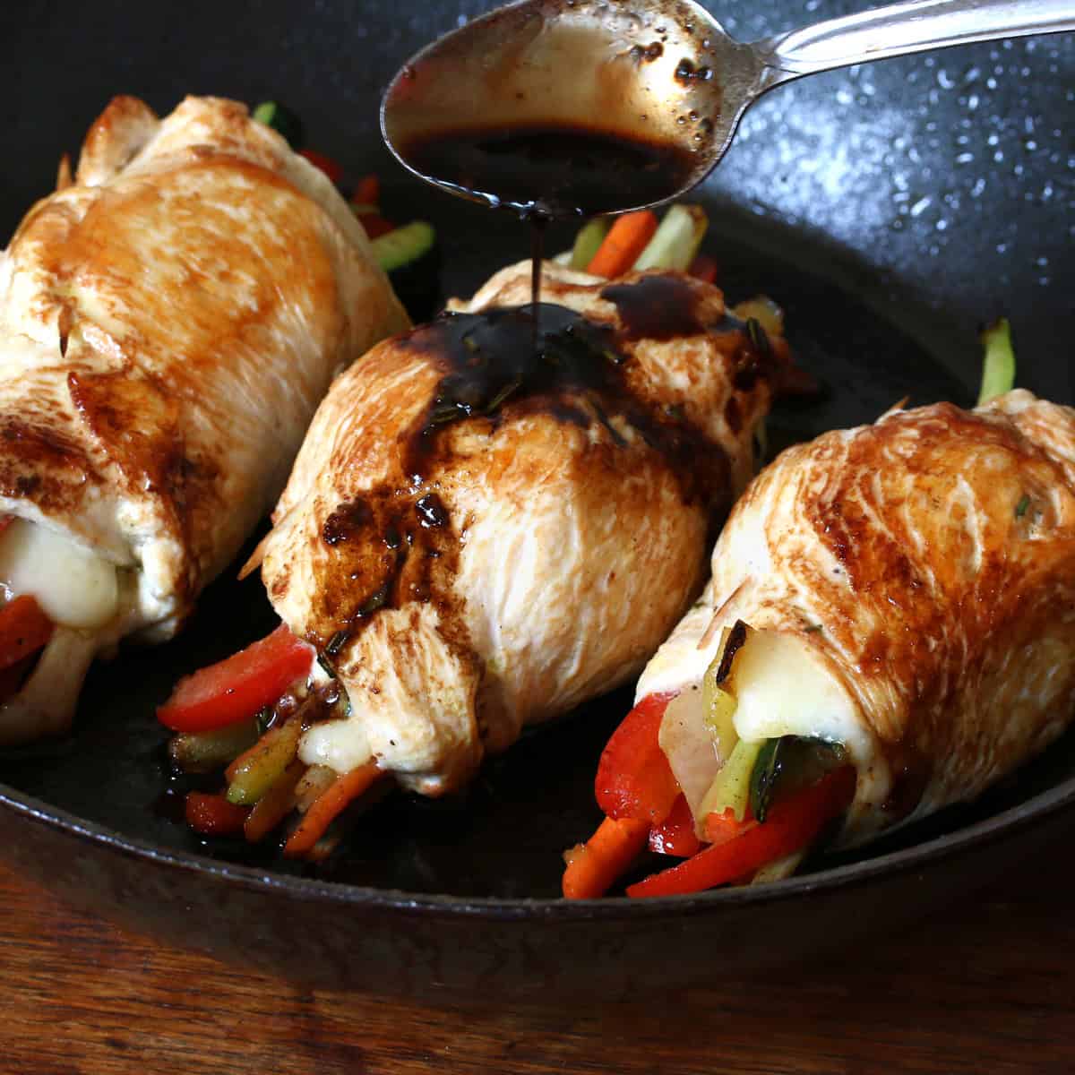 chicken roll ups recipe balsamic glaze reduction Swiss cheese Dijon mustard vegetables bell peppers zucchini leek onions