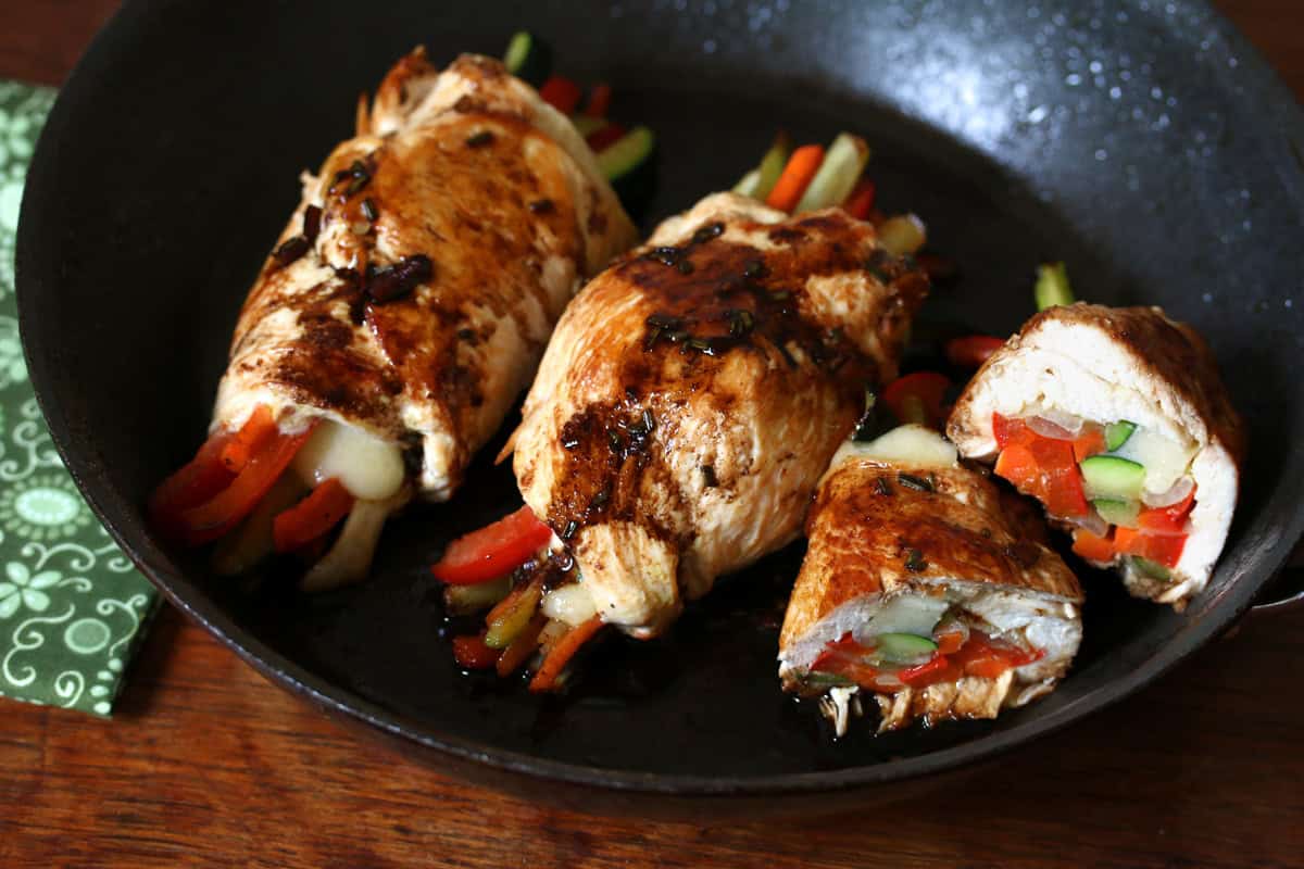 chicken roll ups recipe balsamic glaze reduction Swiss cheese Dijon mustard vegetables bell peppers zucchini leek onions
