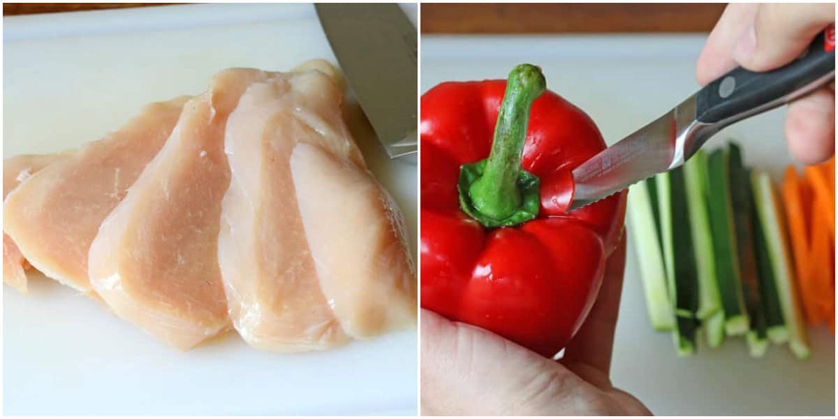 slicing the chicken and vegetables