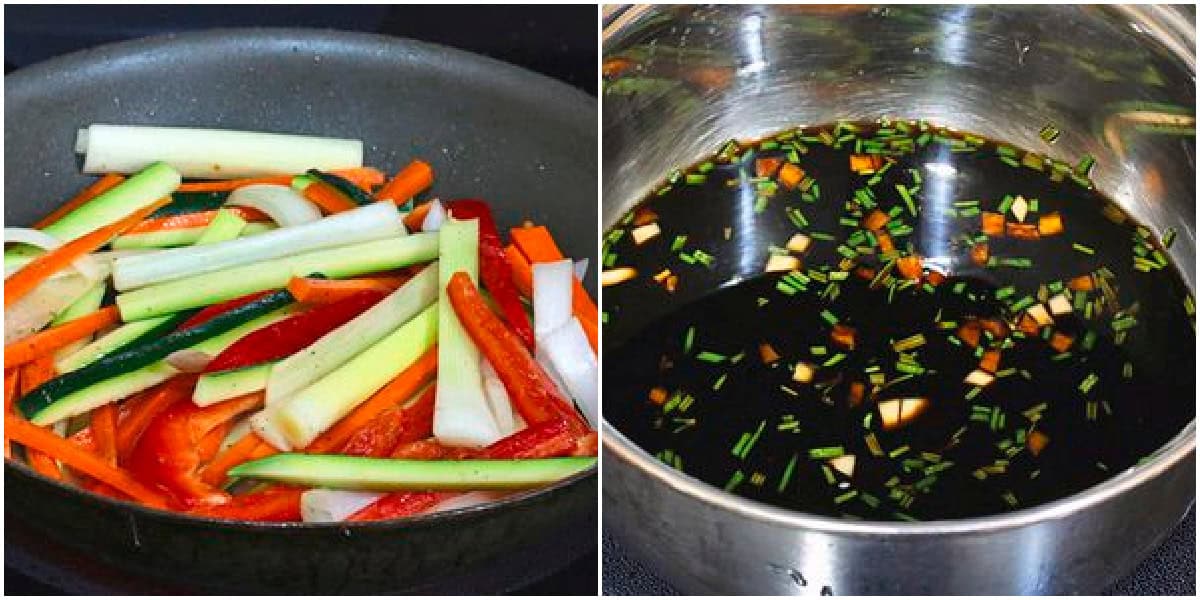 cooking the vegetables in a skillet and the balsamic glaze in a saucepan