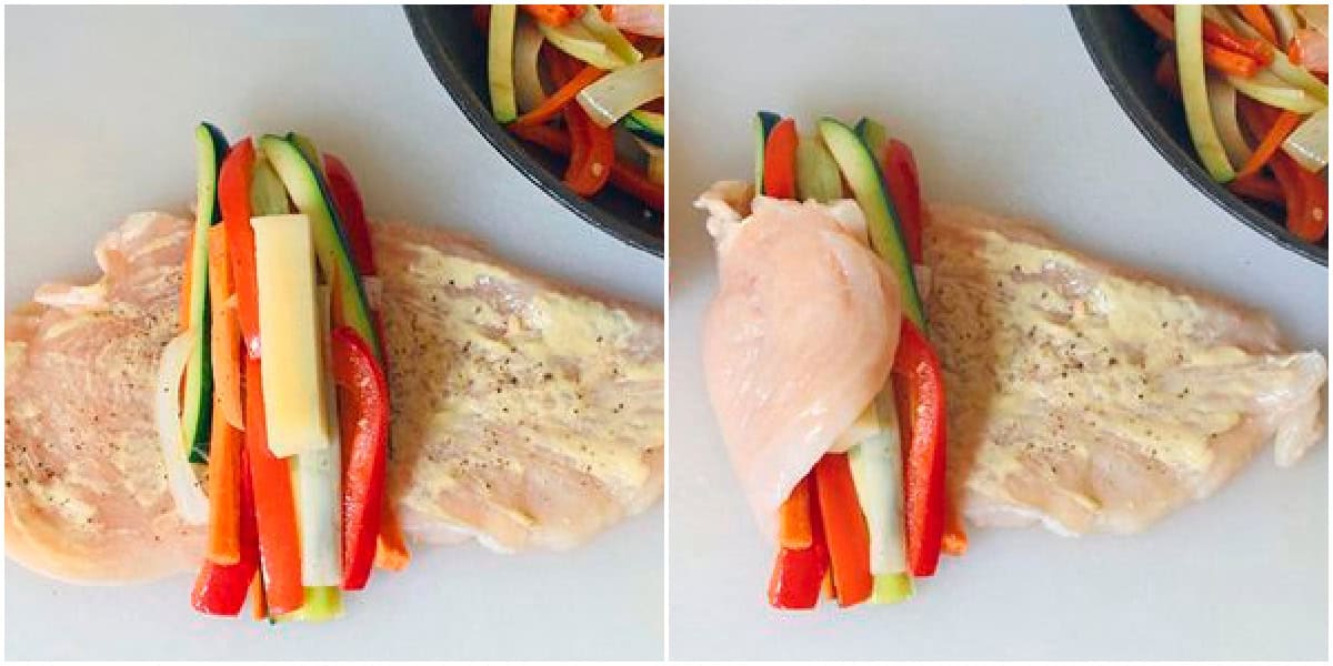 chicken roll ups recipe balsamic glaze reduction Swiss cheese vegetables bell peppers zucchini leek onions