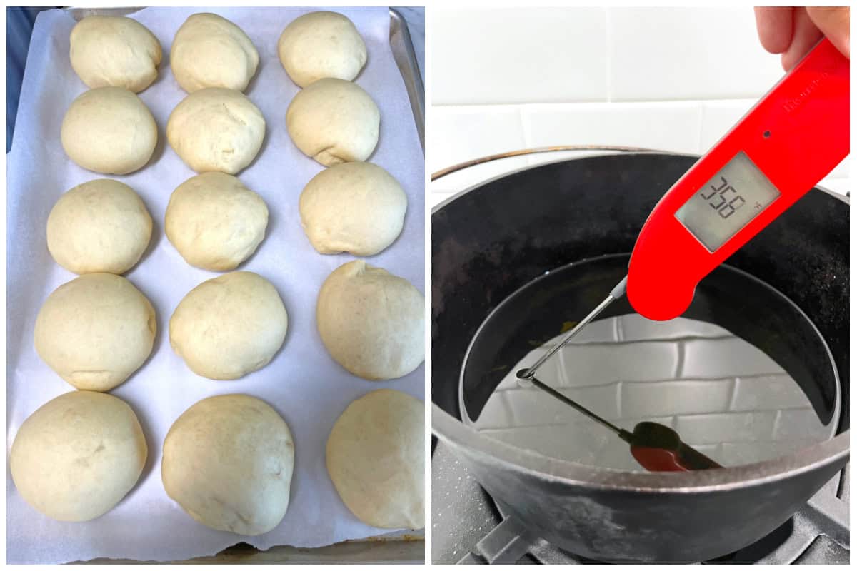 letting dough balls rise and heating the oil in pot