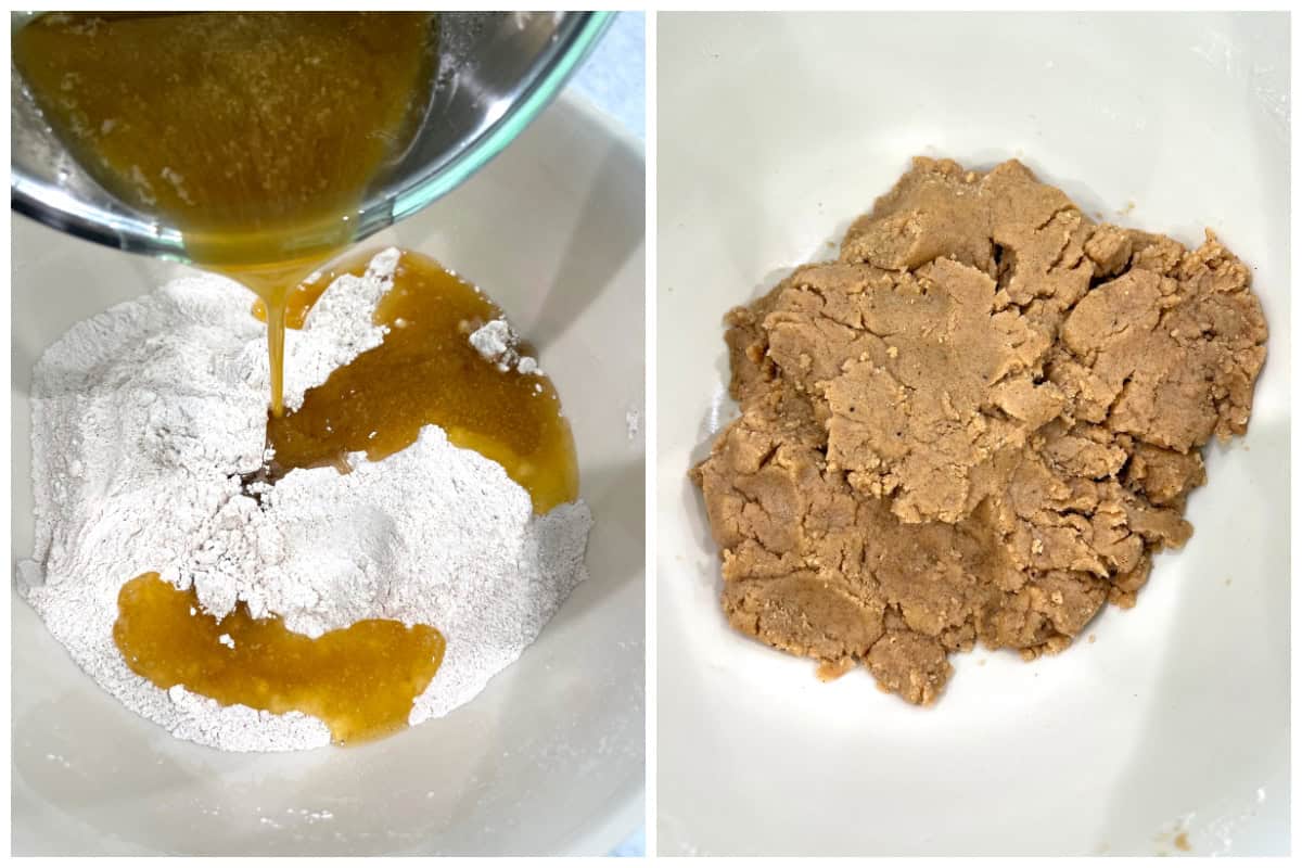 combining wet and dry ingredients to make cookie dough