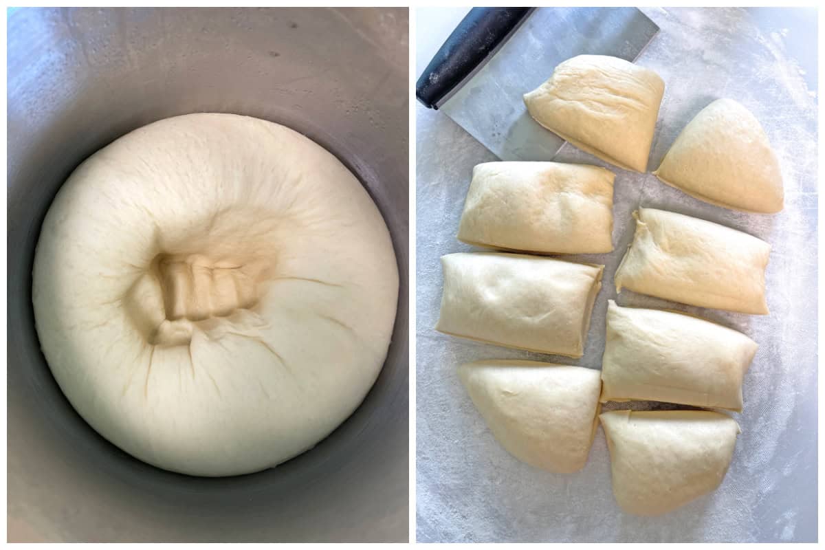punching down dough and diving into pieces