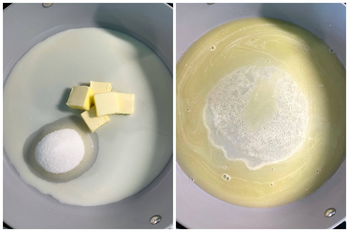 melting milk butter and sugar in large skillet