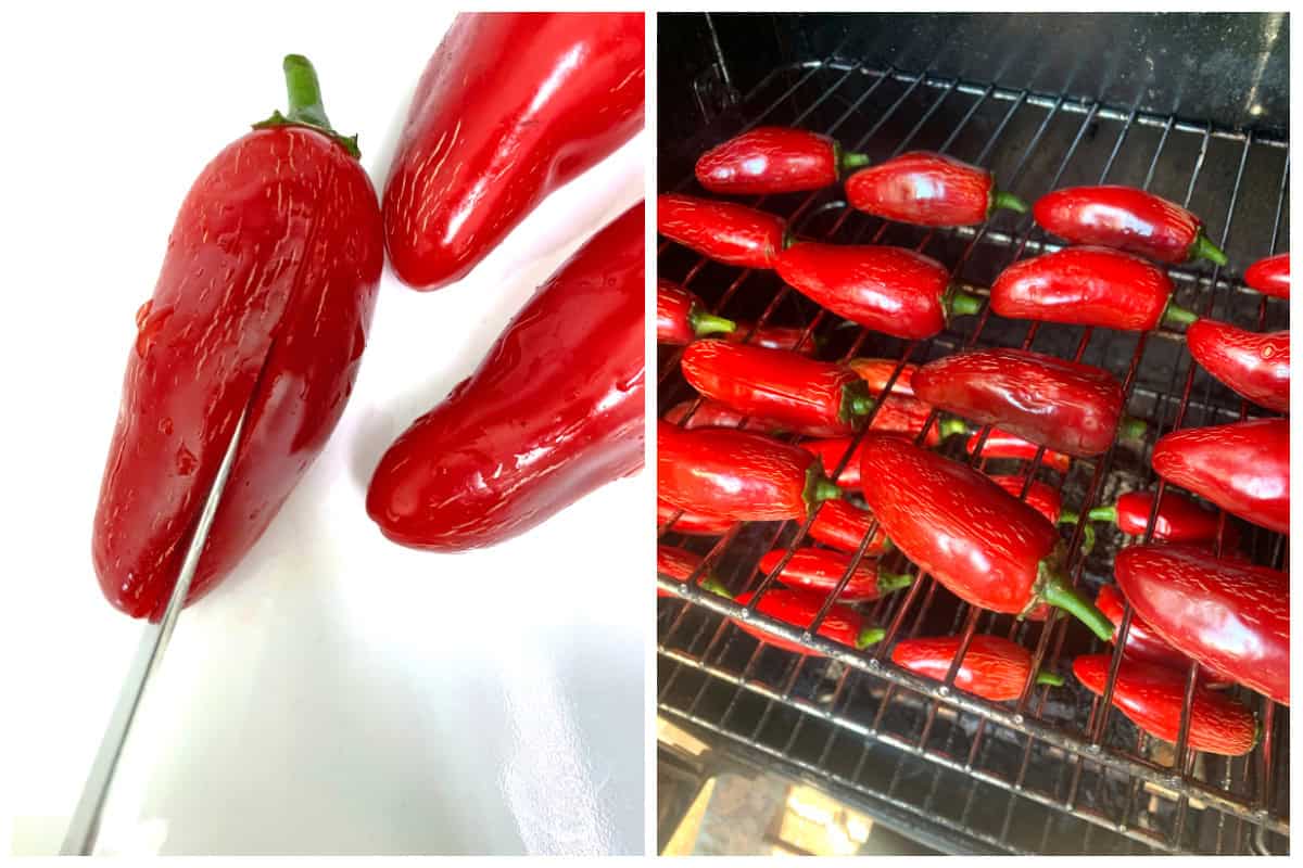 prinokusių jalapenų pjaustymas ir dedamas į rūkyklą