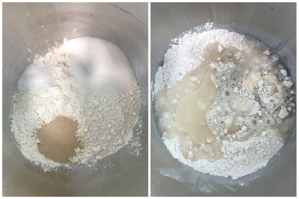 combining wet and dry ingredients in mixing bowl