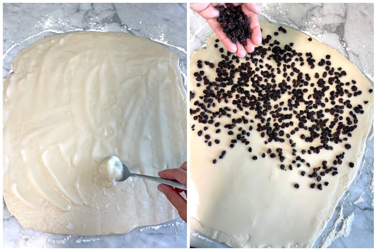 spreading lard currants onto dough