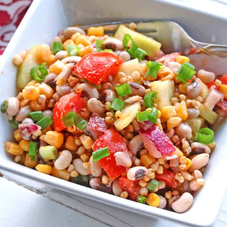 black eyed pea salad recipe sorghum grain southern healthy vegetables vinaigrette dressing smoked paprika cucumbers tomatoes corn