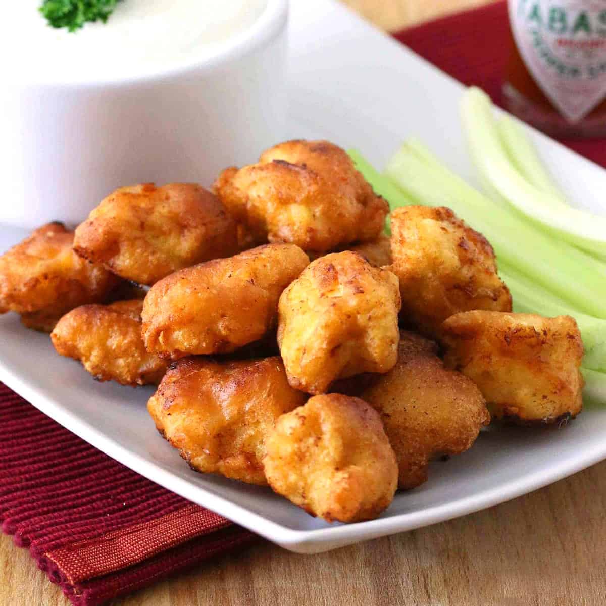 buffalo popcorn chicken recipe blue cheese dressing hot sauce celery without deep fryer