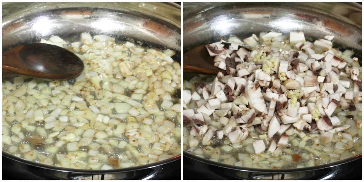 cooking onions and mushrooms in skillet