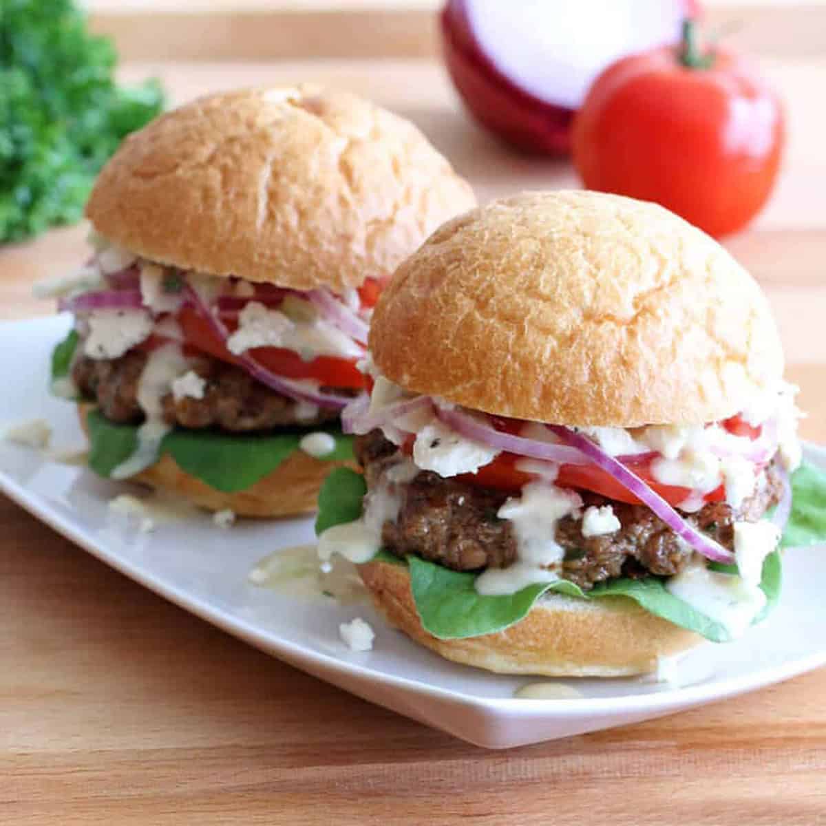 greek burger recipe beef lamb chicken turkey pork pine nuts sun dried tomatoes tzatziki sauce feta cheese best homemade