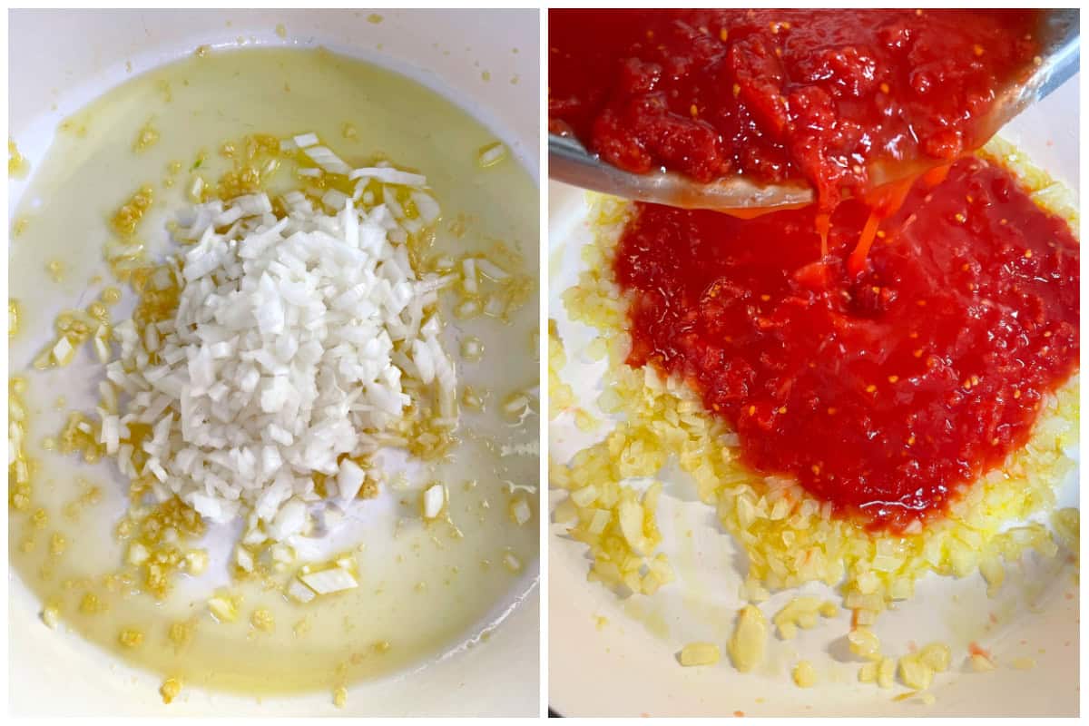 cooking onions and tomatoes in pan
