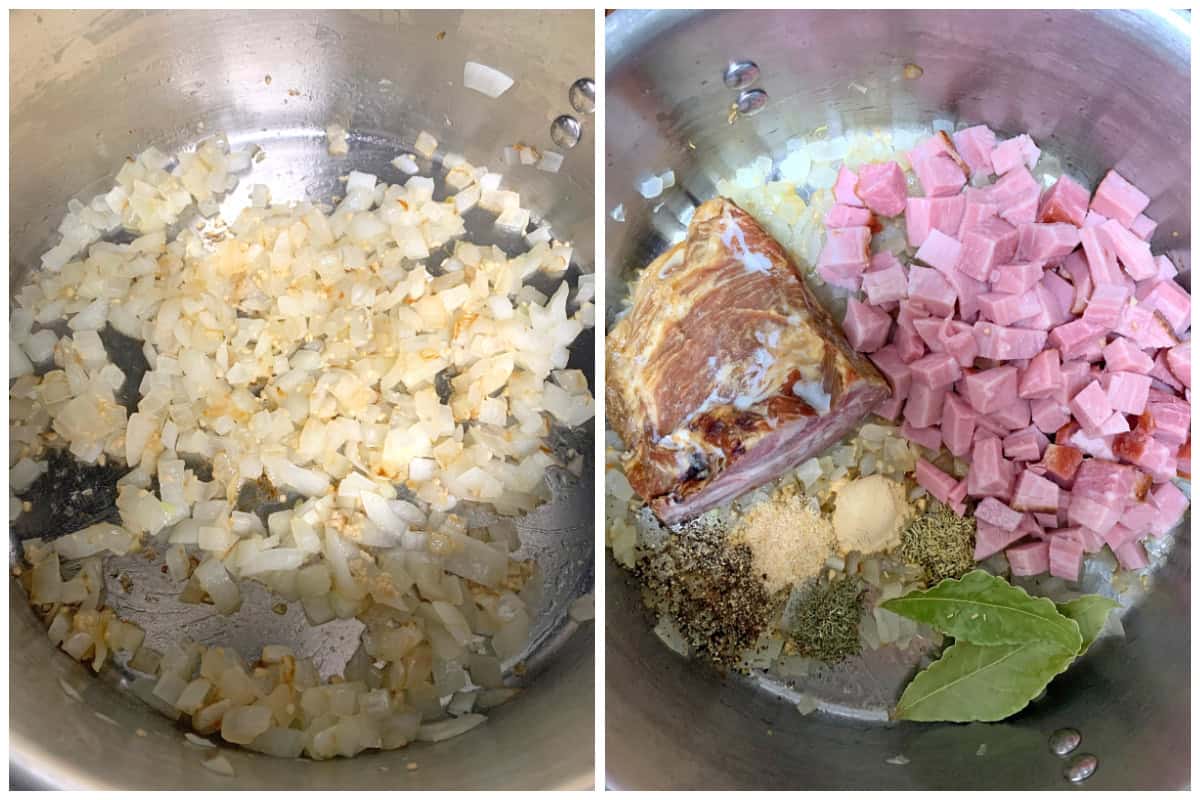 cooking onions and adding ingredients to pot