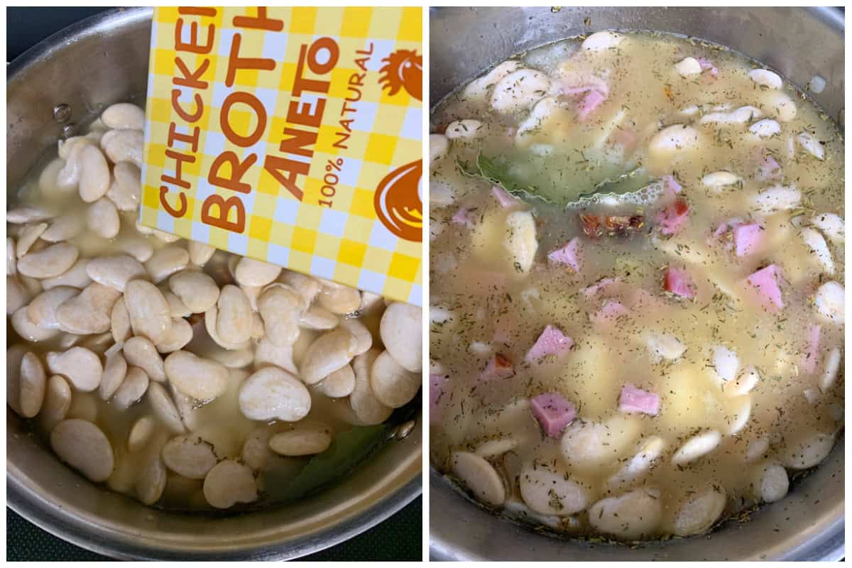 adding beans and broth to pot