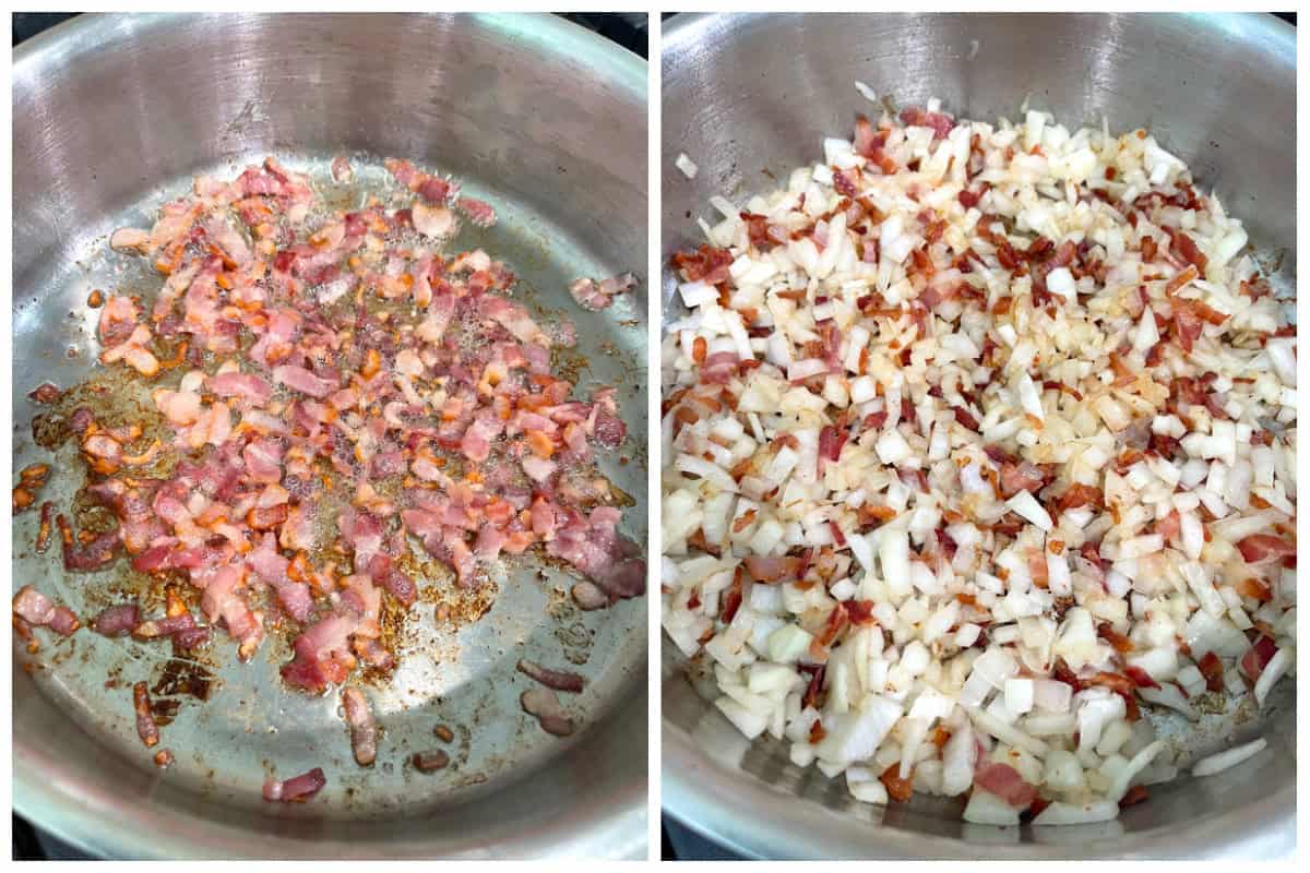 cooking bacon and onions in pot