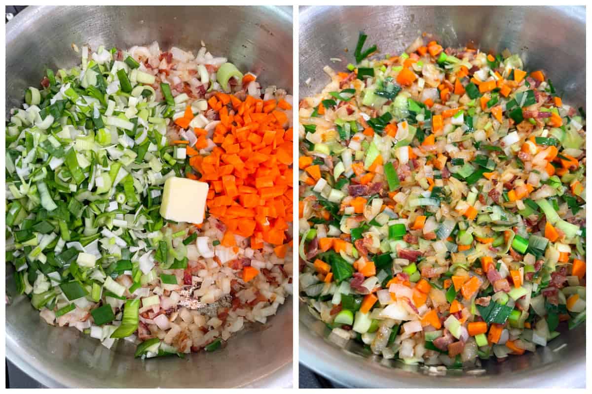 adding leek carrots and butter