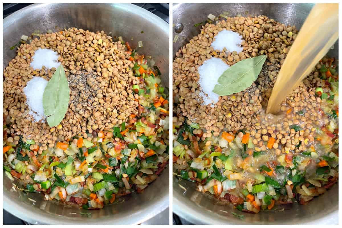 adding lentils seasonings and broth to pot