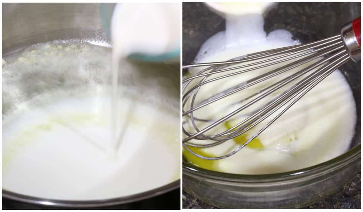 adding cream and whisking egg yolks