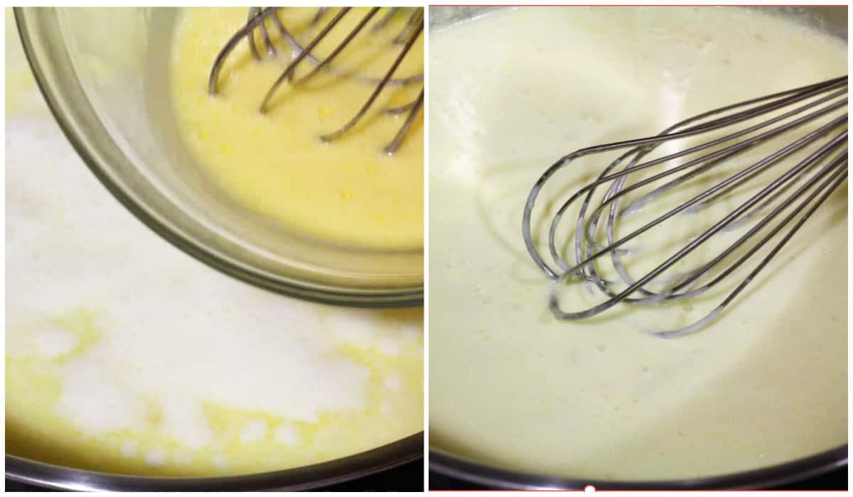 adding egg yolks to sauce