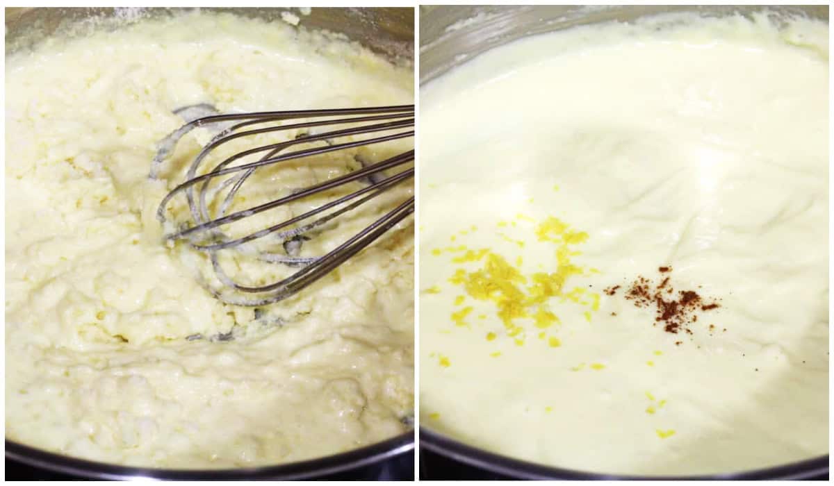 adding cheese lemon zest and nutmeg to sauce