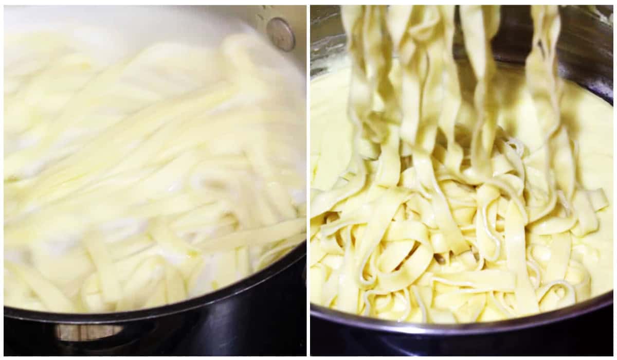 cooking pasta and adding it to sauce