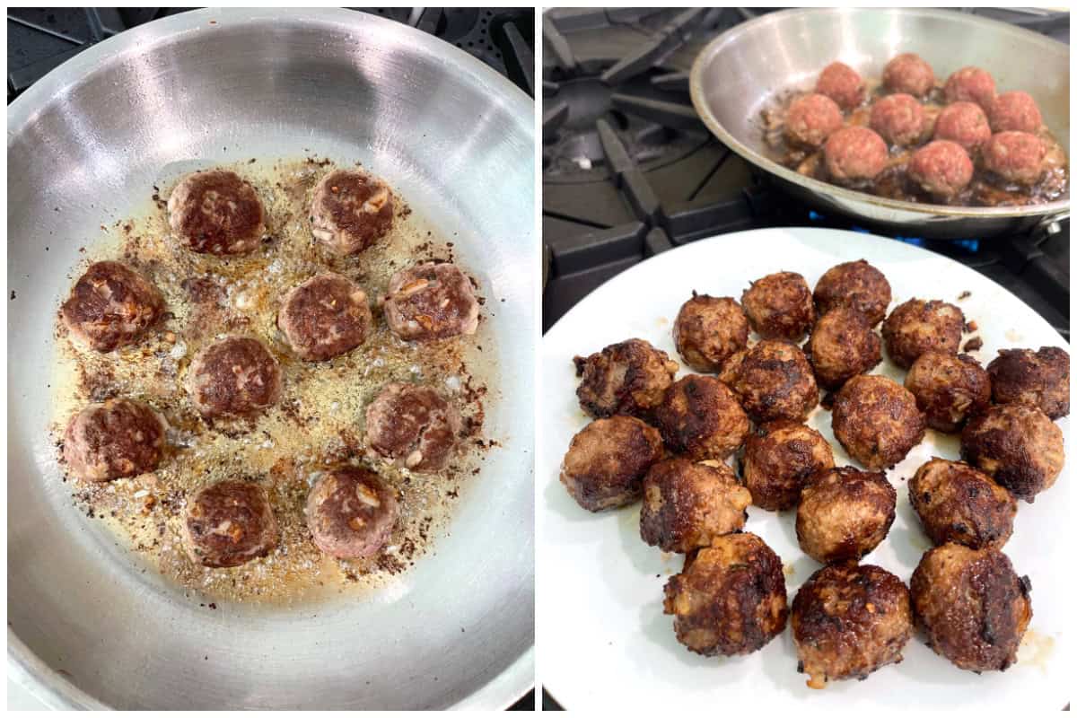 frying the meatballs and transferring to plate