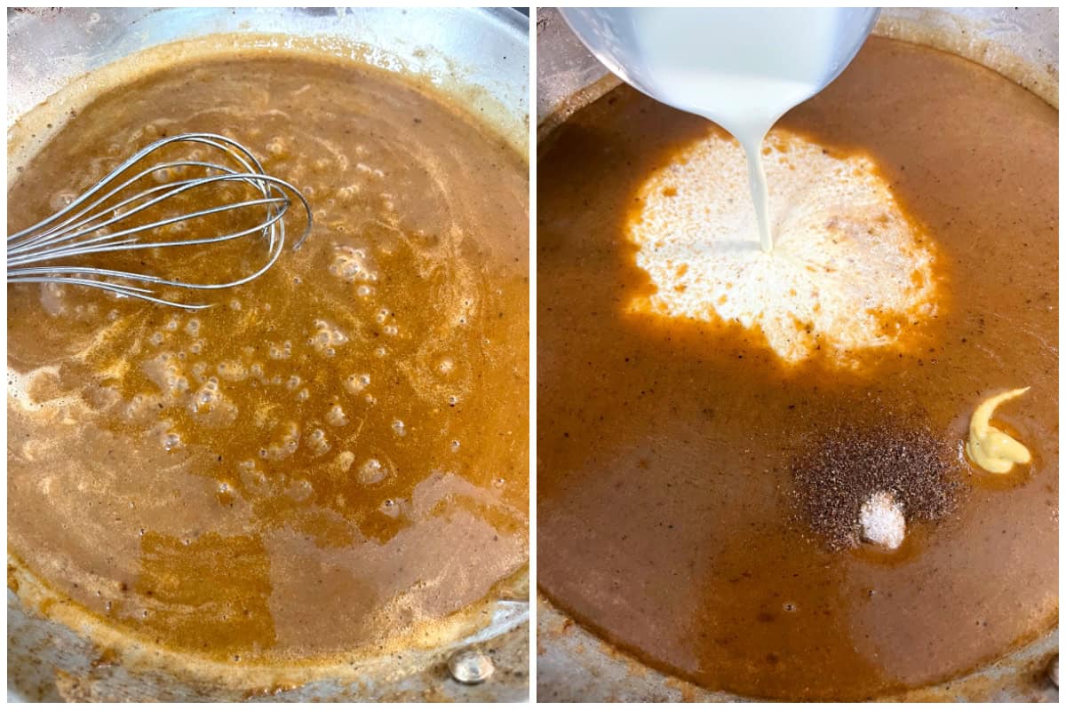 adding cream and seasonings to sauce