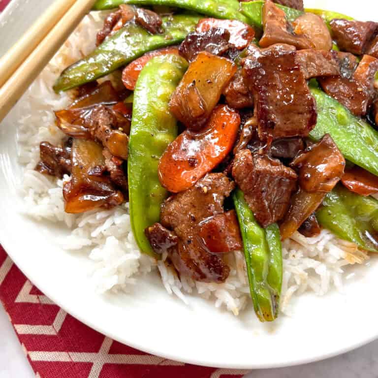beef stir fry recipe easy fast snow peas mushrooms carrots bean sprouts sauce chinese takeout panda express asian