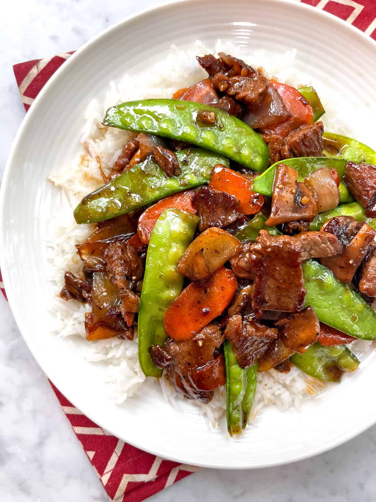 beef stir fry recipe easy fast snow peas mushrooms carrots bean sprouts sauce chinese takeout panda express asian