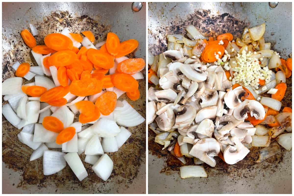 frying onions carrots mushrooms garlic and ginger