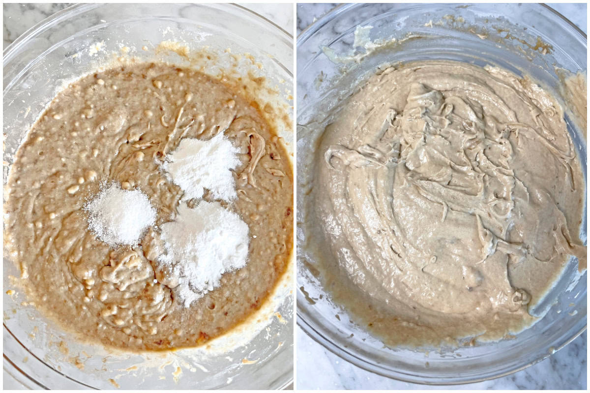 adding baking powder and soda to batter