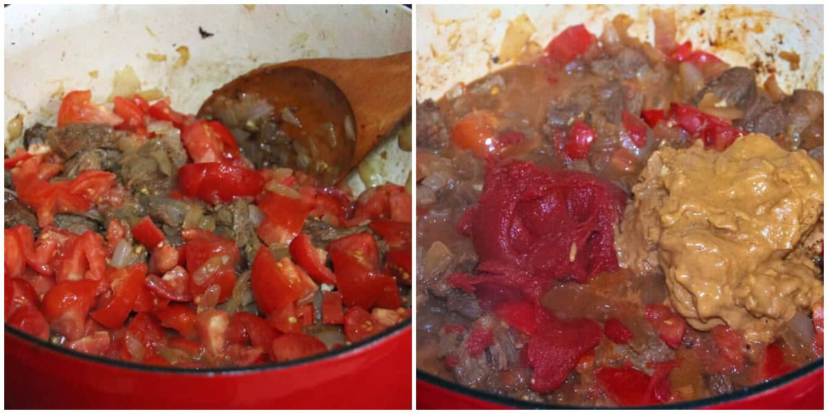 cooking beef and tomatoes in pot adding peanut butter