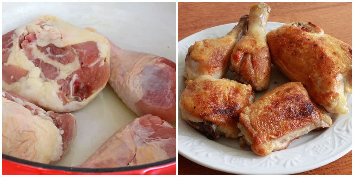 frying the chicken pieces in Dutch oven