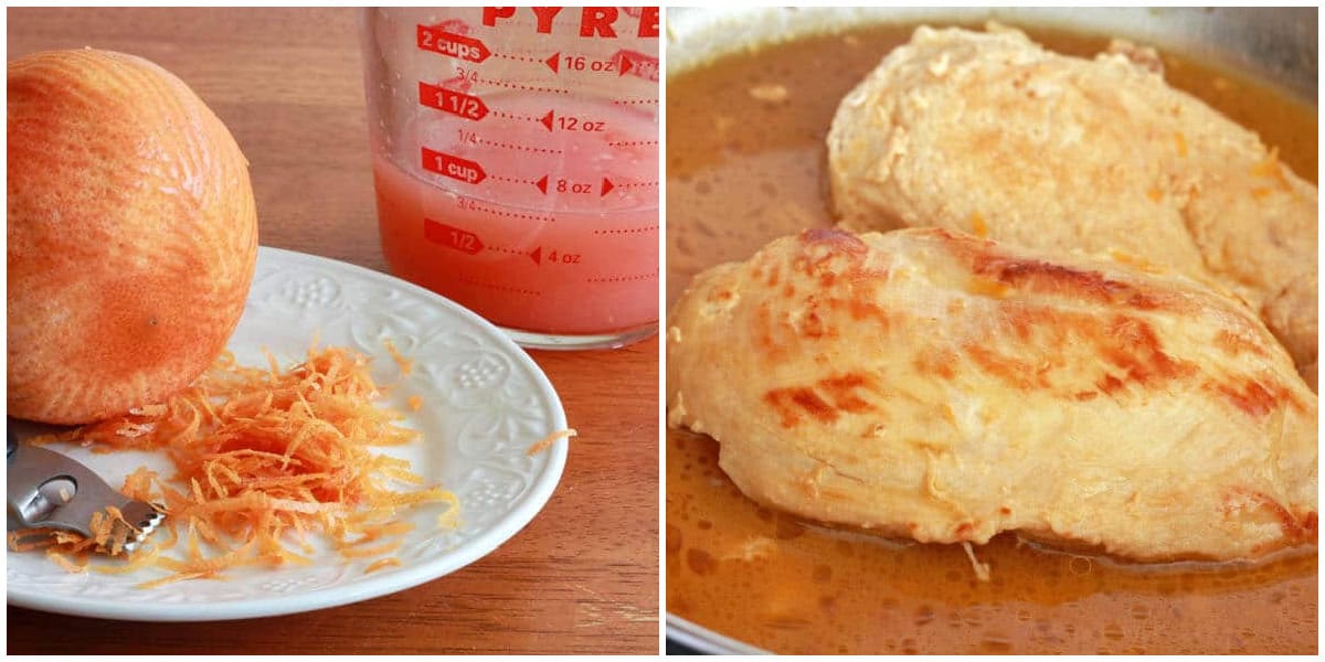chicken with grapefruit juice in skillet