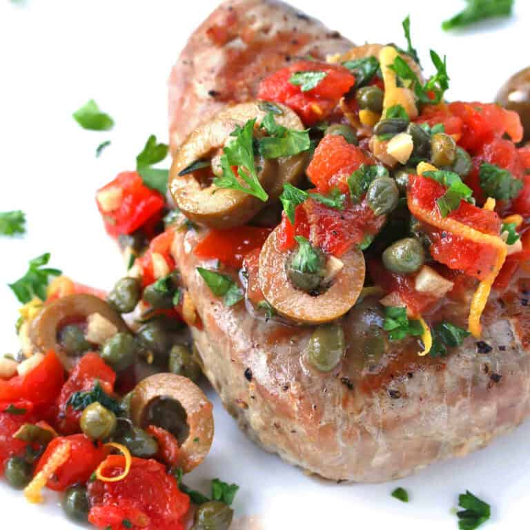 grilled tuna steaks recipe italian sicilian style olives capers lemon zest tomatoes garlic white wine fast quick easy